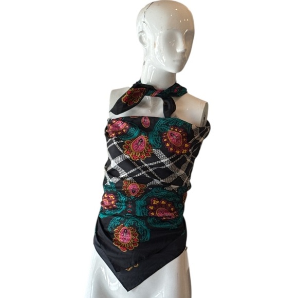 Diane Von Furstenberg Colorful Black Multi Paisley and Plaid Square Silk Scarf - Picture 12 of 15